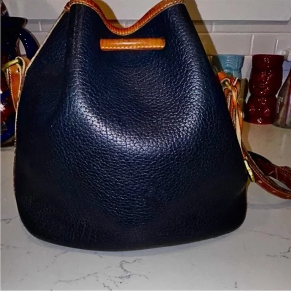 Vintage Dooney & Bourke Navy Blue & Tan Leather Drawstring
Bucket Bag - Picture 2 of 6